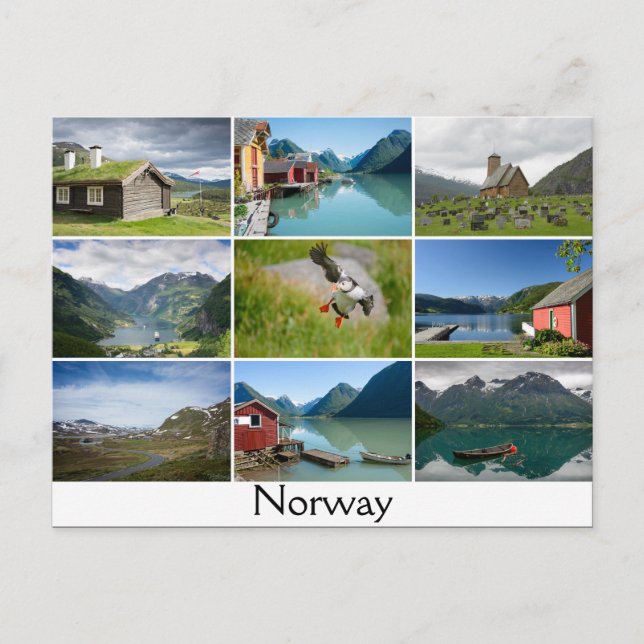 Postcard with landscapes and the text: 'Norway' (Front)