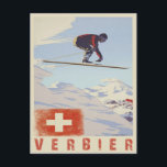 Postcard with Switzerland Vintage Ski Print<br><div class="desc">Cool postcard with vintage ski print from Verbier, Switzerland. Send your ski bum greetings with a nice print from one of the best ski resorts in the Swiss alps if not in the world. We change and add both text and colours, as well as size and placement, all upon request....</div>