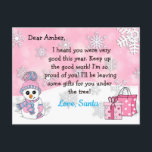 Postcards from Santa: Cute Snowman<br><div class="desc">Pretty snowflakes,  cute snowman and a festive bunny personalised letter from Santa Claus on the front. The back has a place for your child to write their Christmas wish list.</div>