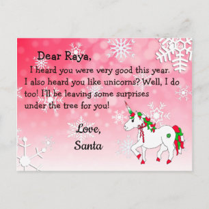 Postcards from Santa: Red Unicorn in Santa Hat
