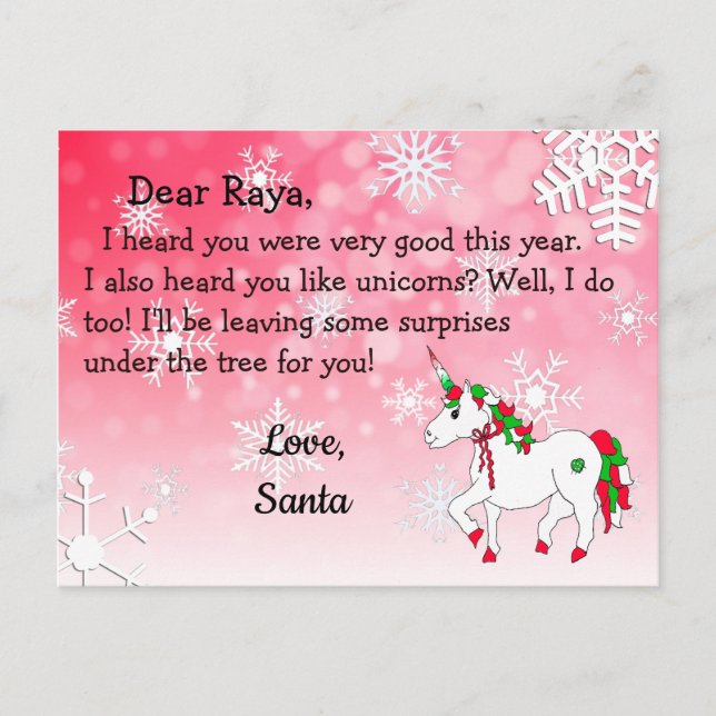 Postcards from Santa: Red Unicorn in Santa Hat (Front)