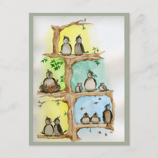 Postcards with Birds and their Babies in a Tree (Front)