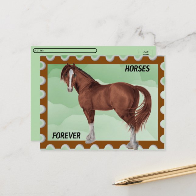 Postcrossing - Brown Horse Postage Look Postcard (Front/Back In Situ)