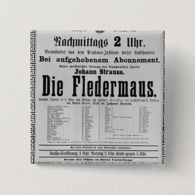 Poster advertising Die Fledermaus by Johann 15 Cm Square Badge (Front)