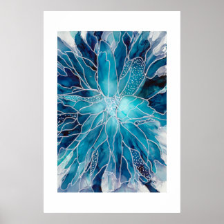 Poster - Alcohol Ink Art Blue White Flower