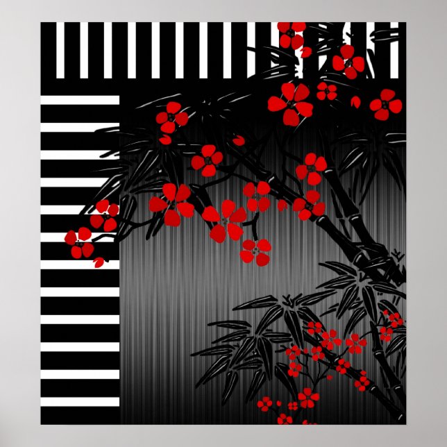 Poster Asian Red Black White Bamboo Floral 3 (Front)