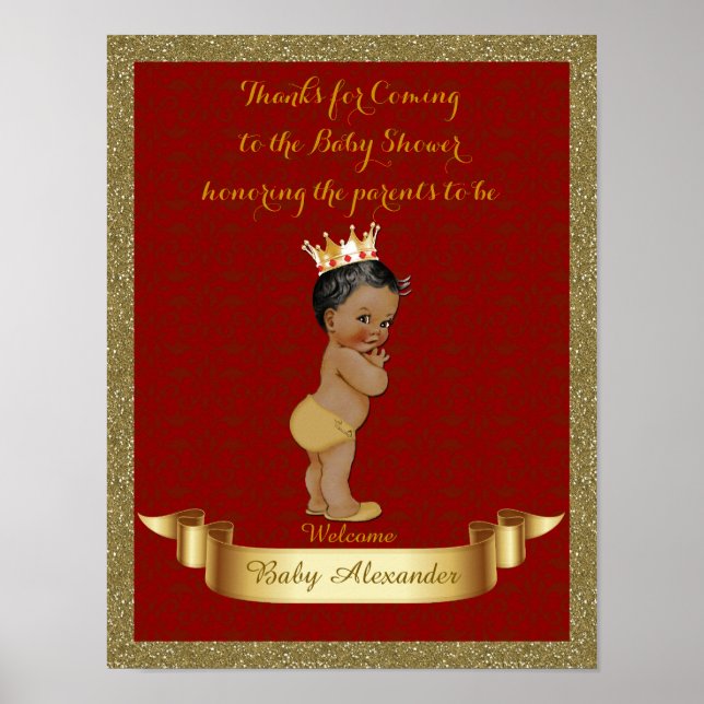 Poster Baby Shower BOY, red, frame glitter, gold. (Front)