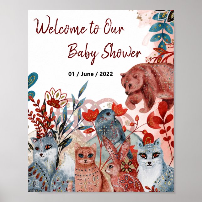 Poster baby shower red and blue with animals (Front)