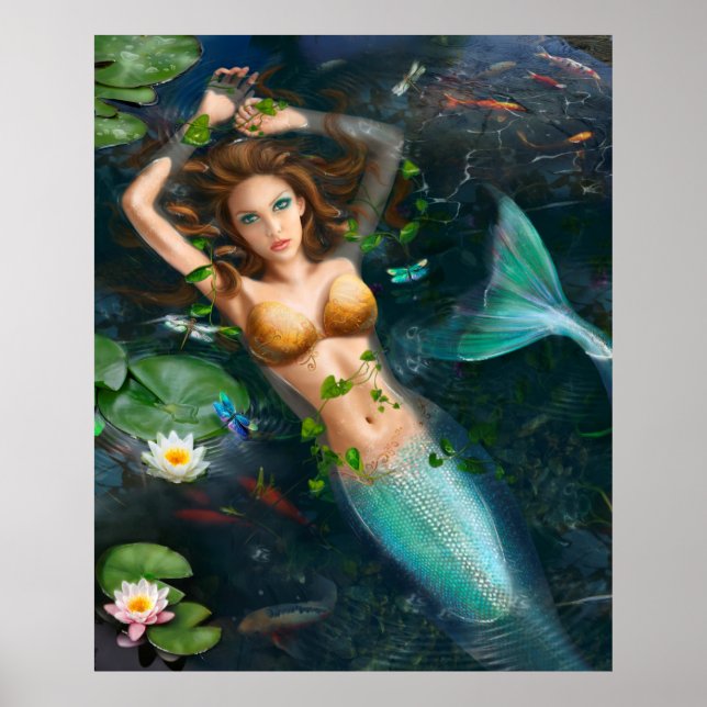 Poster-Beautiful mermaid in lake with lilies Poster (Front)