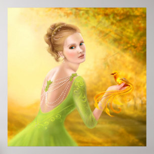 Poster Beautiful romantic woman and fantasy bird