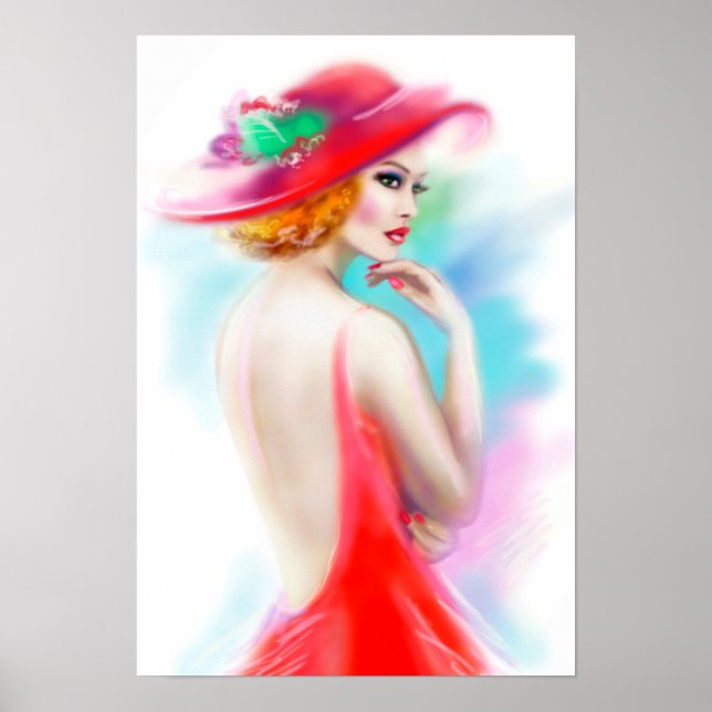 Poster beautiful woman in red hat and a dress (Front)