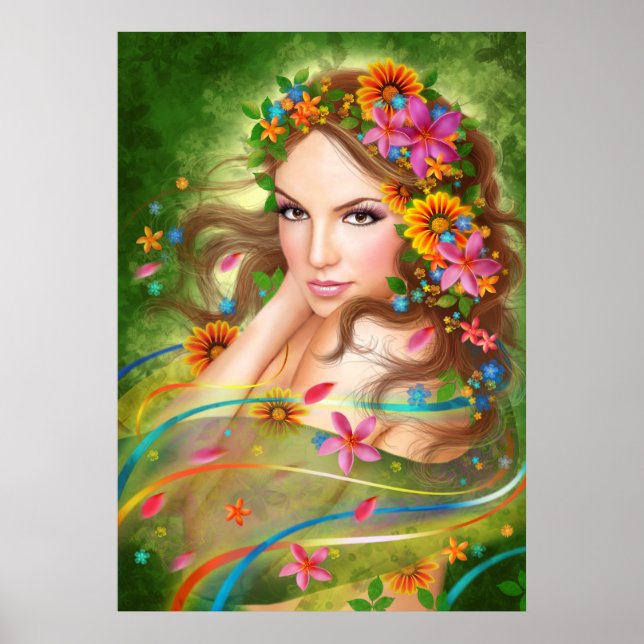 Poster Fantasy Beautiful fairy woman with flowers (Front)
