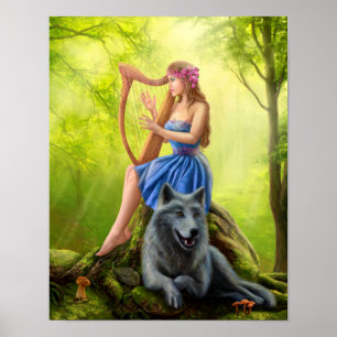 Poster Fantasy girl fairy and friend wolf.