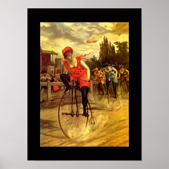 Poster Fun Antique Bike Bicycle Lady In Race (Front)