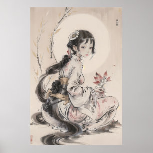 Poster Guisha and Moon - Traditional Chinese Art