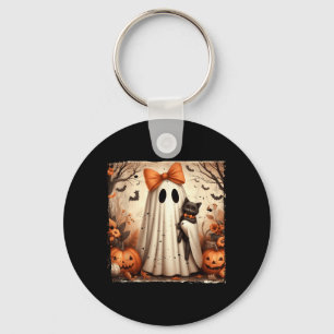 Poster Halloween Ghost Holding Black Kitten Cat Key Ring