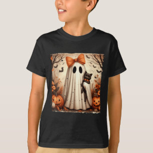 Poster Halloween Ghost Holding Black Kitten Cat T-Shirt