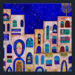 Póster Jerusalem at Night Poster<br><div class="desc">cubism painting of jerusalem with hanukkah candelabre in every doorstep or window. From all the cities of the world, Jerusalem was chosen as the capital of the Land of Israel. The Talmud relates, that when Jews would arrive in Jerusalem, they all “became united as one.” Indeed, in Psalms, it is...</div>