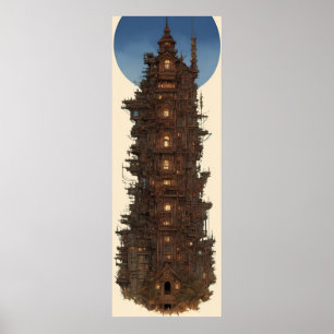 Póster Lienzo vintag art tower castle house moon Poster