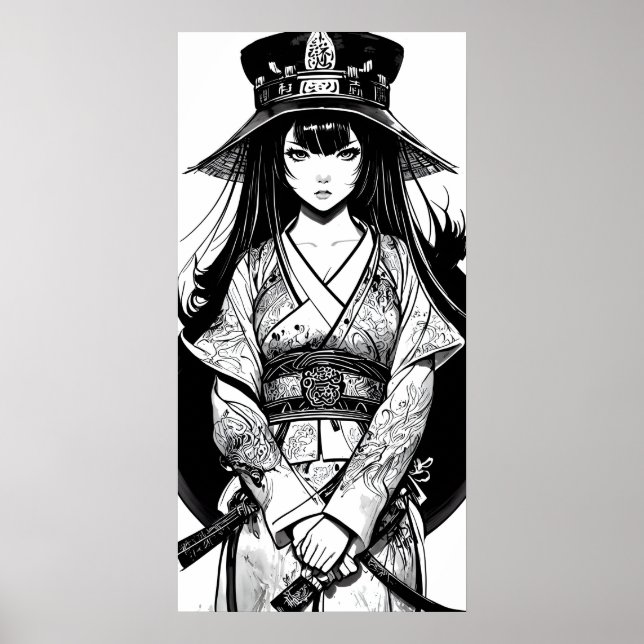 Poster Lienzo vintage art ink samurai girl (Front)