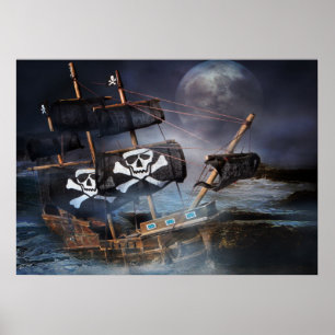 Poster Paper PIRATE GHOST SHIP STRANDED ON ROCKS