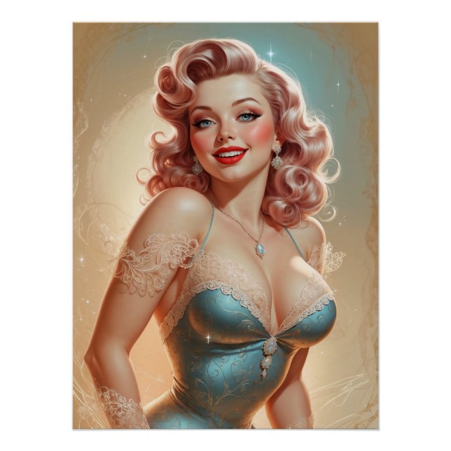 Poster Pin-Up Blonde Glamor Blue Lace Dress (Front)