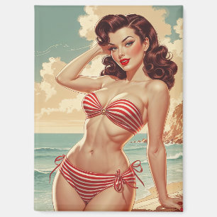 Poster Pin-Up Brown in Red and White Bikini Magnet