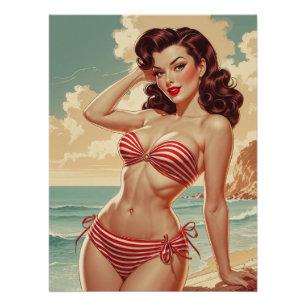 Poster Pin-Up Brown in Red and White Striped Bikin