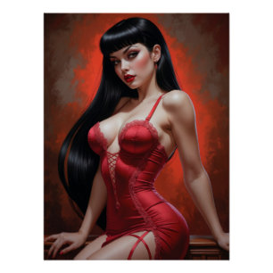 Poster Pin-up Sensual Brown in Red Dress