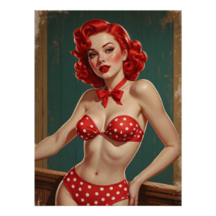 Poster Pin-Up with red hair and dotted bikini