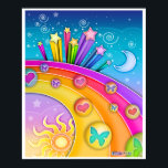 Poster, Prints - Retro Pop Art Sixties Sky<br><div class="desc">A bright and colourful sixties style retro pop art of a sky from morning until night with stars,  moon,  sun and a rainbow.</div>