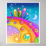 Poster, Prints - Retro Pop Art Sixties Sky<br><div class="desc">A bright and colourful sixties style retro pop art of a sky from morning until night with stars,  moon,  sun and a rainbow.</div>