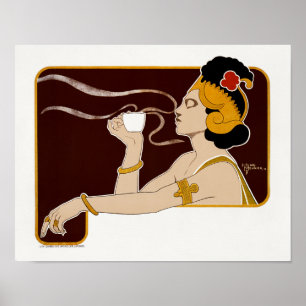 Poster showing woman holding up glass of coffee 