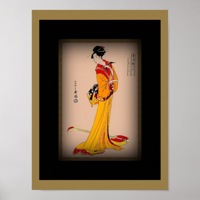 Poster Vintage Art Geisha With Yellow Red Kimono (Front)