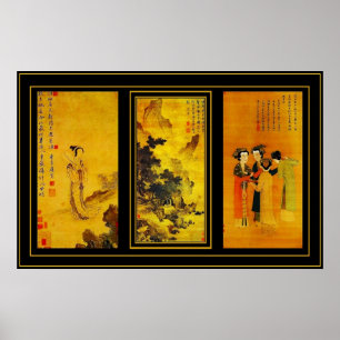 Poster Vintage Art Japanese Tang Yin Panels