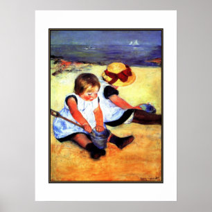 Poster Vintage Art Two Children At The Beach