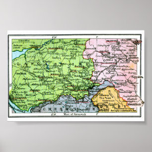 Poster - Vintage Map Of Yorkshire/Lancashire 