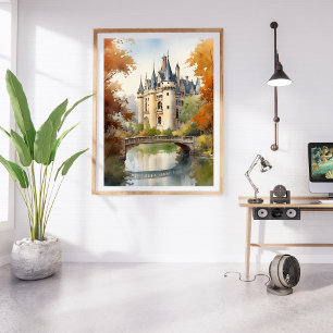 Poster Watercolor Illustration of a French Castle 