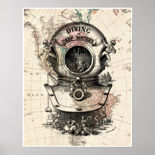 Poster with vintage diving suit on the map