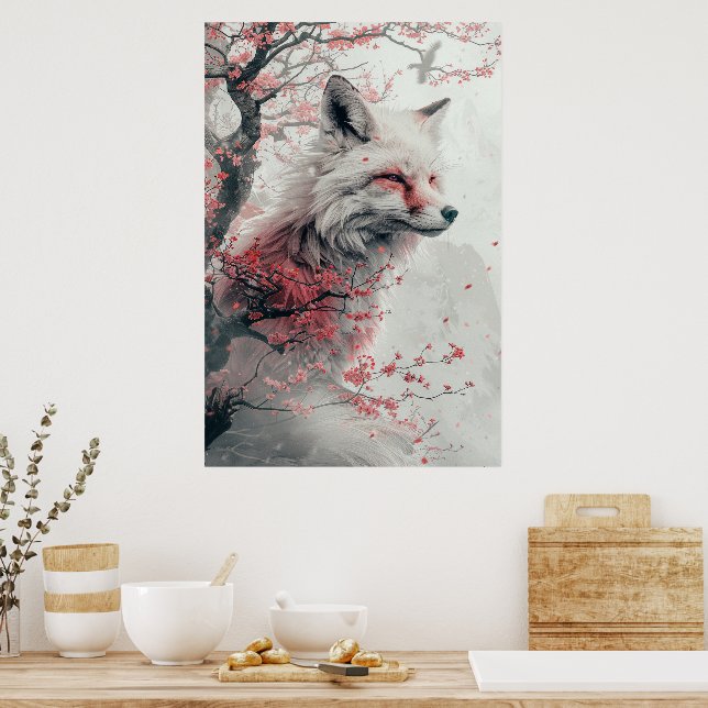 PosterKitsune Spirit – Japanese Fox in Blossom For Poster (Kitchen)