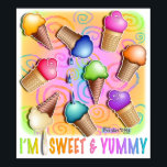 Posters, Prints - Pop Art Ice Cream Cones<br><div class="desc">Cool down with these colorful pop art ice cream cones in a rainbow of flavors and a creamy swirled background of sherbet pastels. Perfect for an ice cream parlor, child's room or kitchen. Any caption on the image is separate! Just remove that image & add your own text bypersonalizing your...</div>