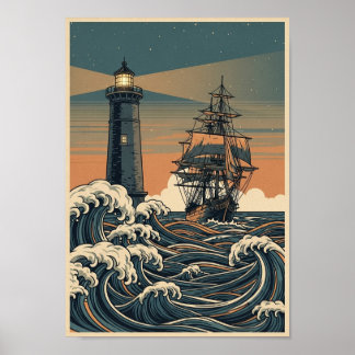 Posters Vintage Ocean Lighthouse Print