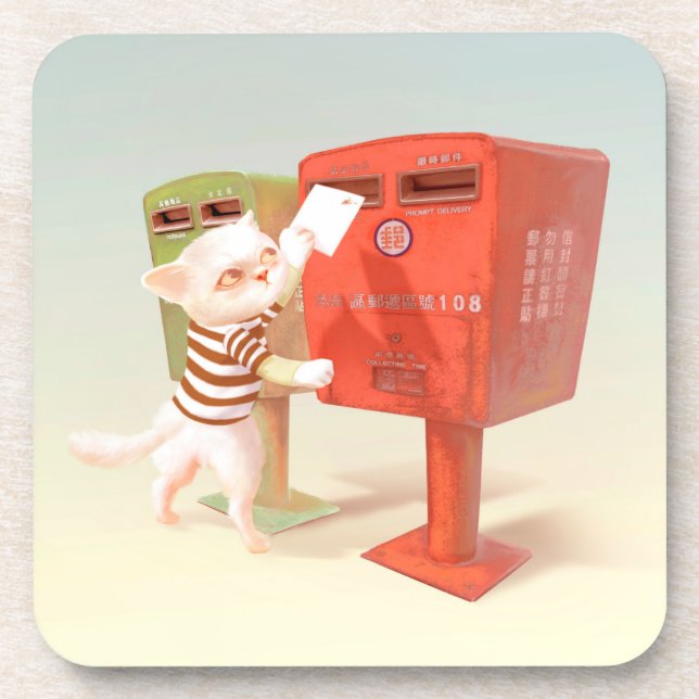 Posting Time – Cat with Taiwanese Mailbox Coaster (Front)