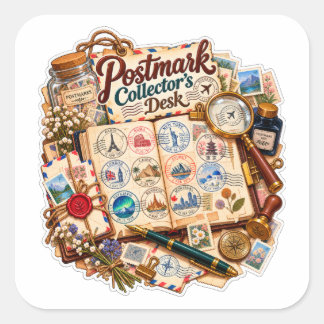 Postmark Collector's Desk – Vintage Stamp & Travel Square Sticker