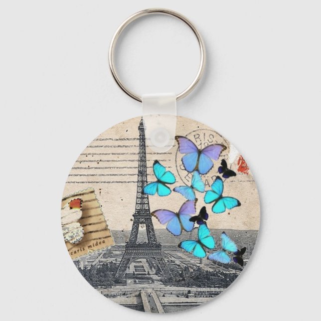 postmark scripts butterfly Paris Effiel Tower Key Ring (Front)