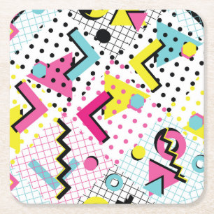 Postmodern Memphis Style Pattern Square Paper Coaster