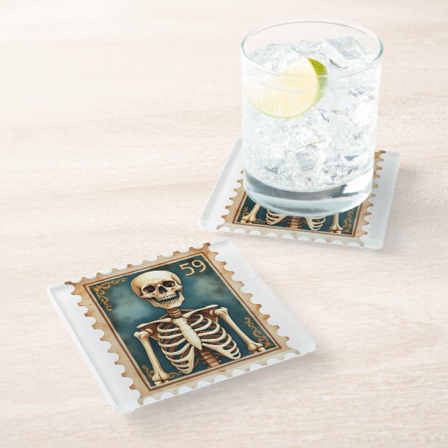 Postmortem No. 59 – Skeleton Stamp Halloween  Glass Coaster (Angled)