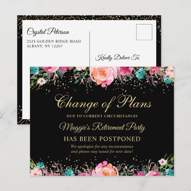 Postponed Announcement Floral Retirement Party Postcard (Front/Back)