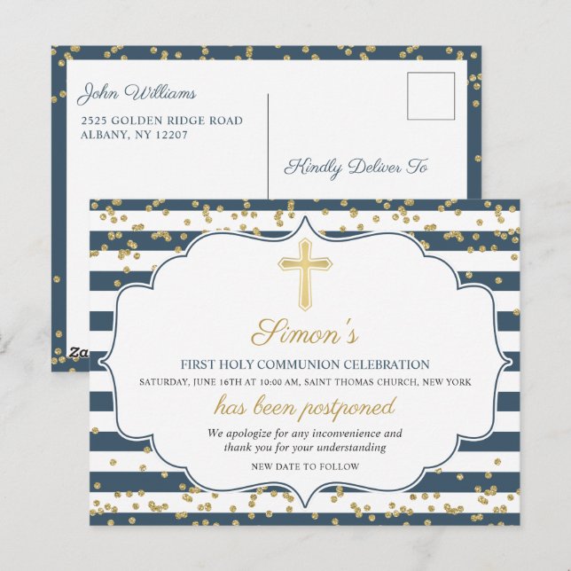 Postponed Announcement Gold Blue First Communion Postcard (Front/Back)