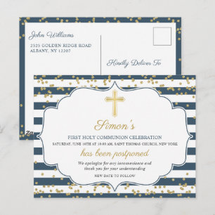 Postponed Announcement Gold Blue First Communion Postcard